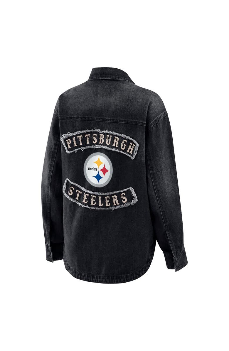 WEAR by Erin Andrews Women's WEAR by Erin Andrews Black Pittsburgh Steelers Washed Oversized Denim Full-Snap Shacket, Alternate, color, Black