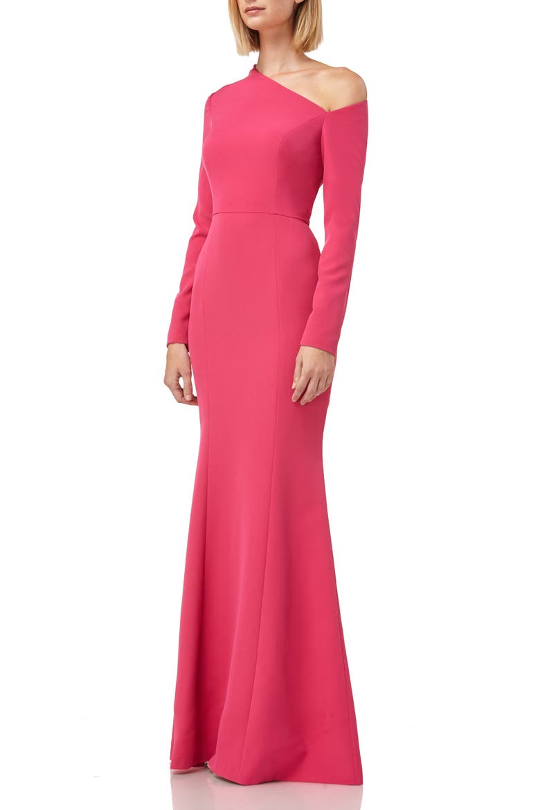 Asymmetrical Neck Long Sleeve Mermaid Gown, Alternate, color, CORAL PINK