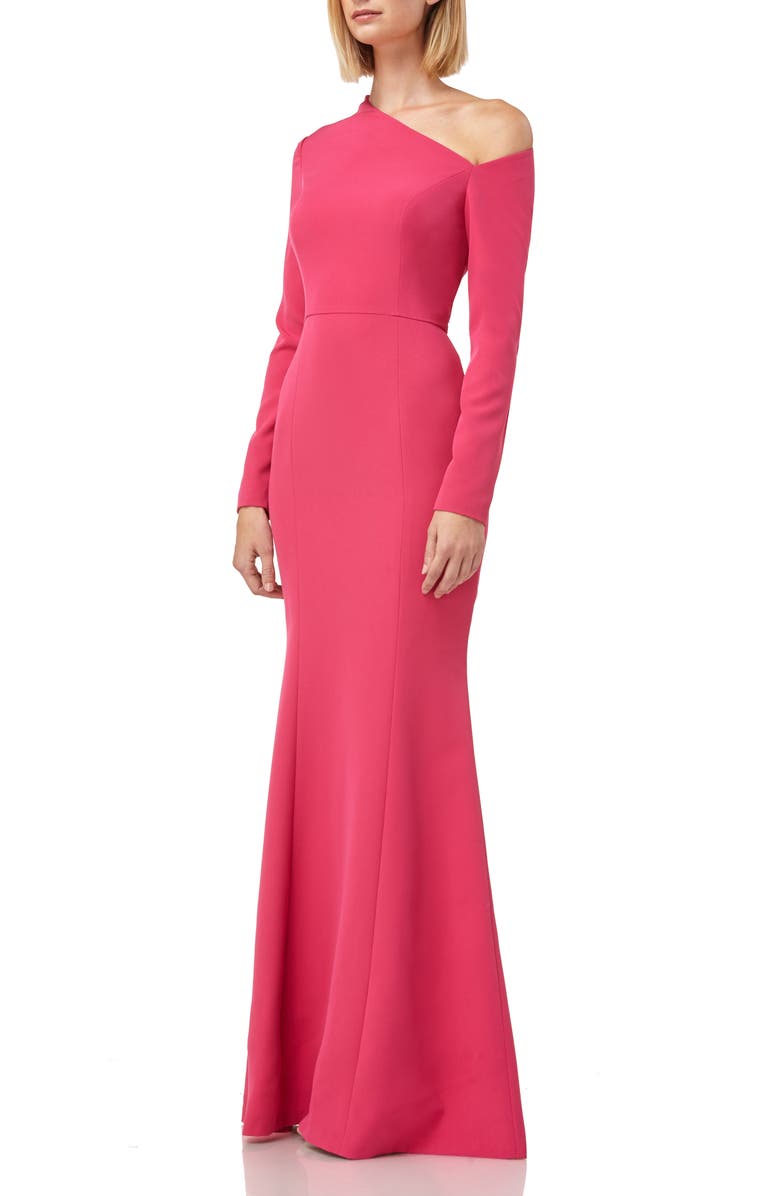 Kay Unger Asymmetrical Neck Long Sleeve Mermaid Gown, Alternate, color, 