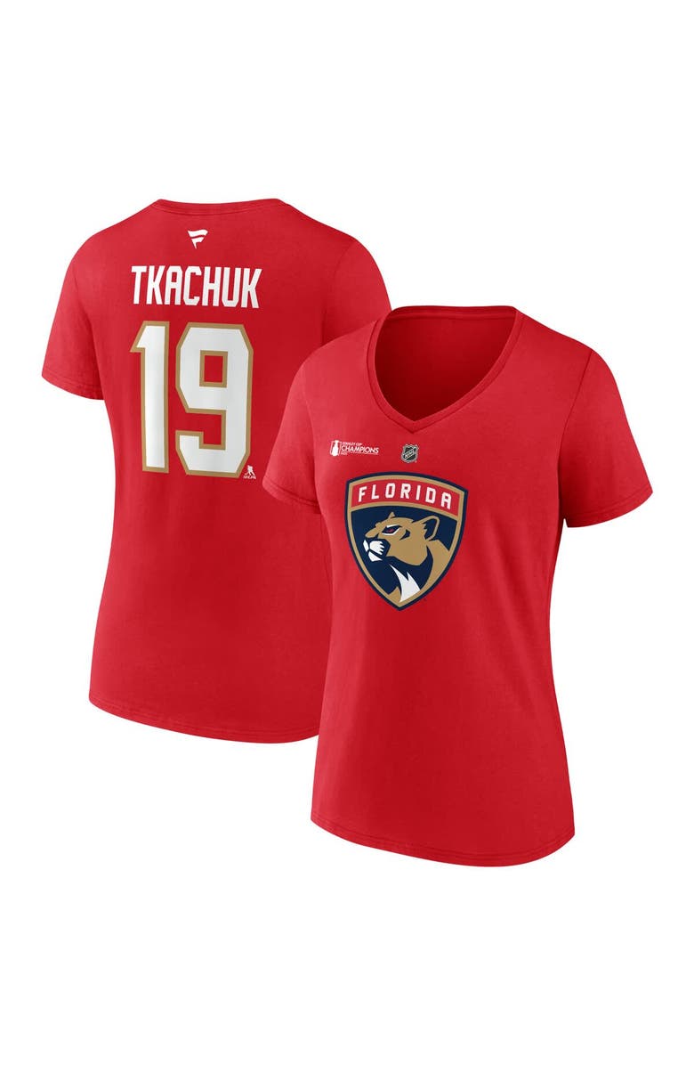 FANATICS Women's Fanatics Matthew Tkachuk Red Florida Panthers 2025 Stanley Cup Champions Authentic Stack Name & Number V-Neck T-Shirt, Main, color, 