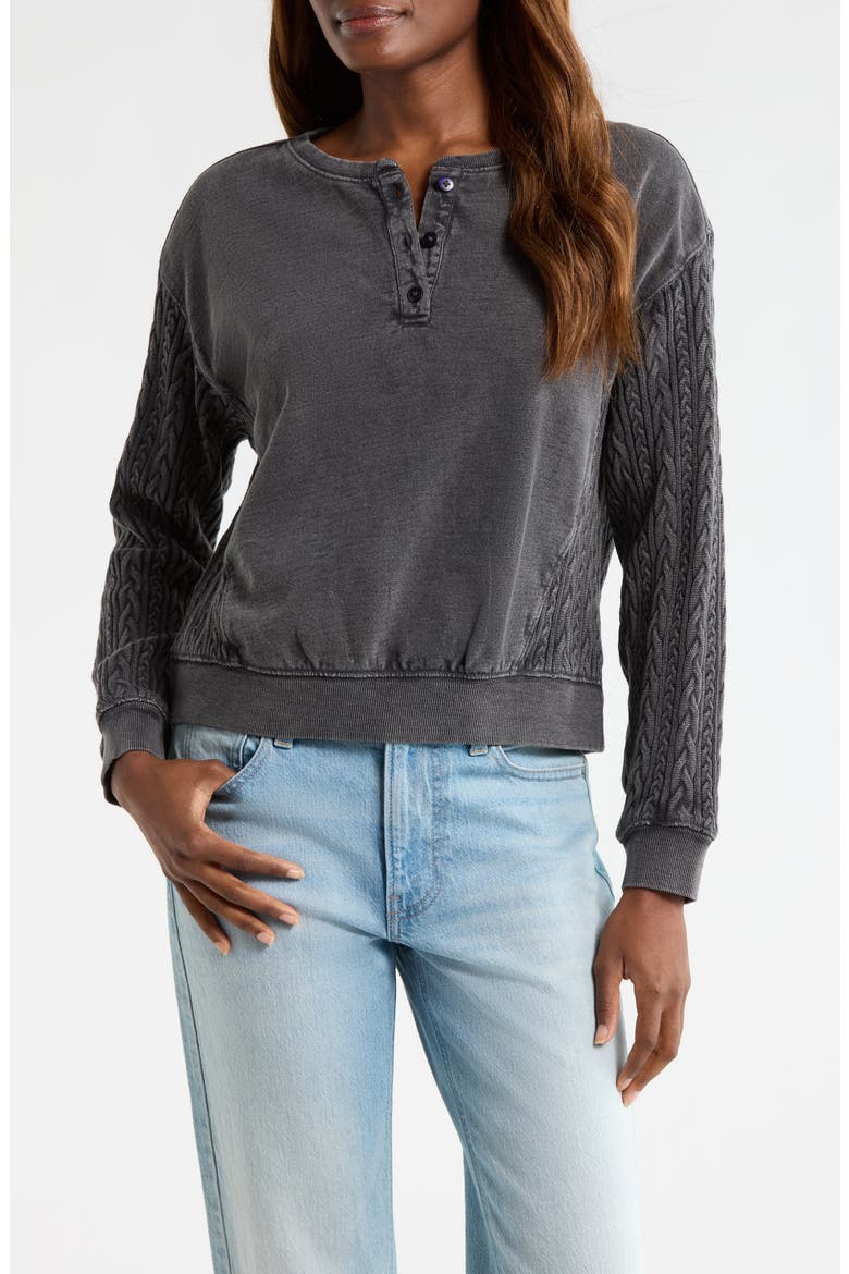 Cable Stitch Sleeve Henley Top, Main, color, RAVEN