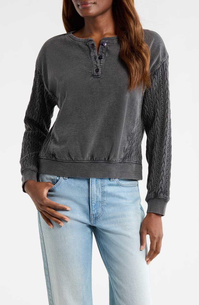 Lucky Brand Cable Stitch Sleeve Henley Top, Main, color, Raven