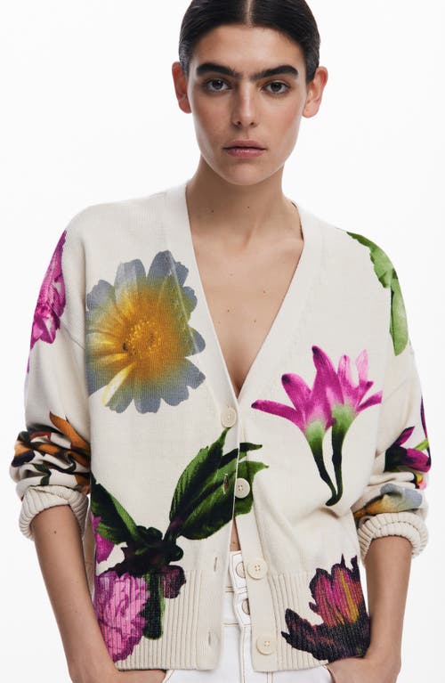 Desigual Floral-print Button Cardigan In Light Beige