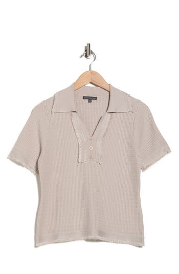 Adrianna Papell Frayed Edge Johnny Collar Polo In Gray
