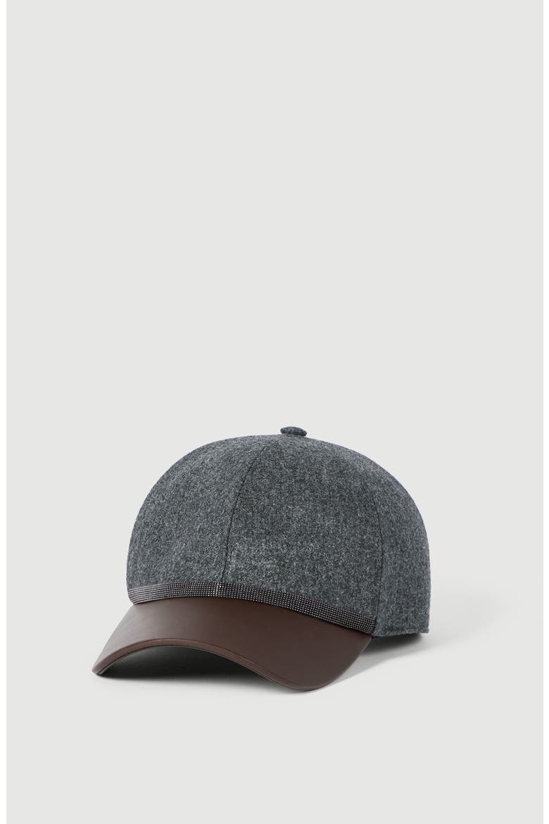 Virgin wool flannel and nappa leather baseball cap with shiny band, Main, color, Dark Grey