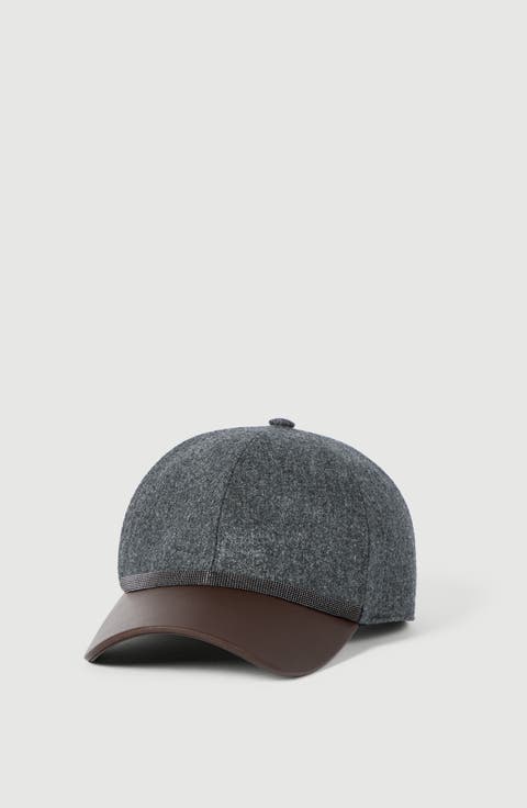 Virgin wool flannel and nappa leather baseball cap with shiny band