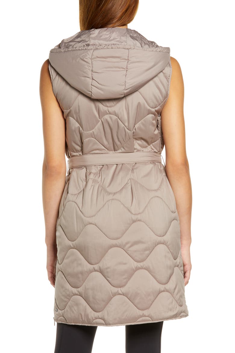 Belted Quilted Longline Recycled Polyester Vest, Alternate, color, TAN