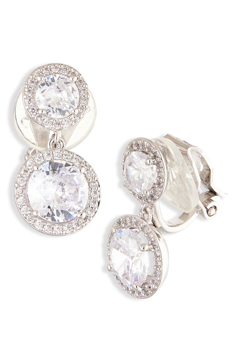 Modern Love Pavé Halo Drop Clip-On Earrings, Main, color, RHODIUM
