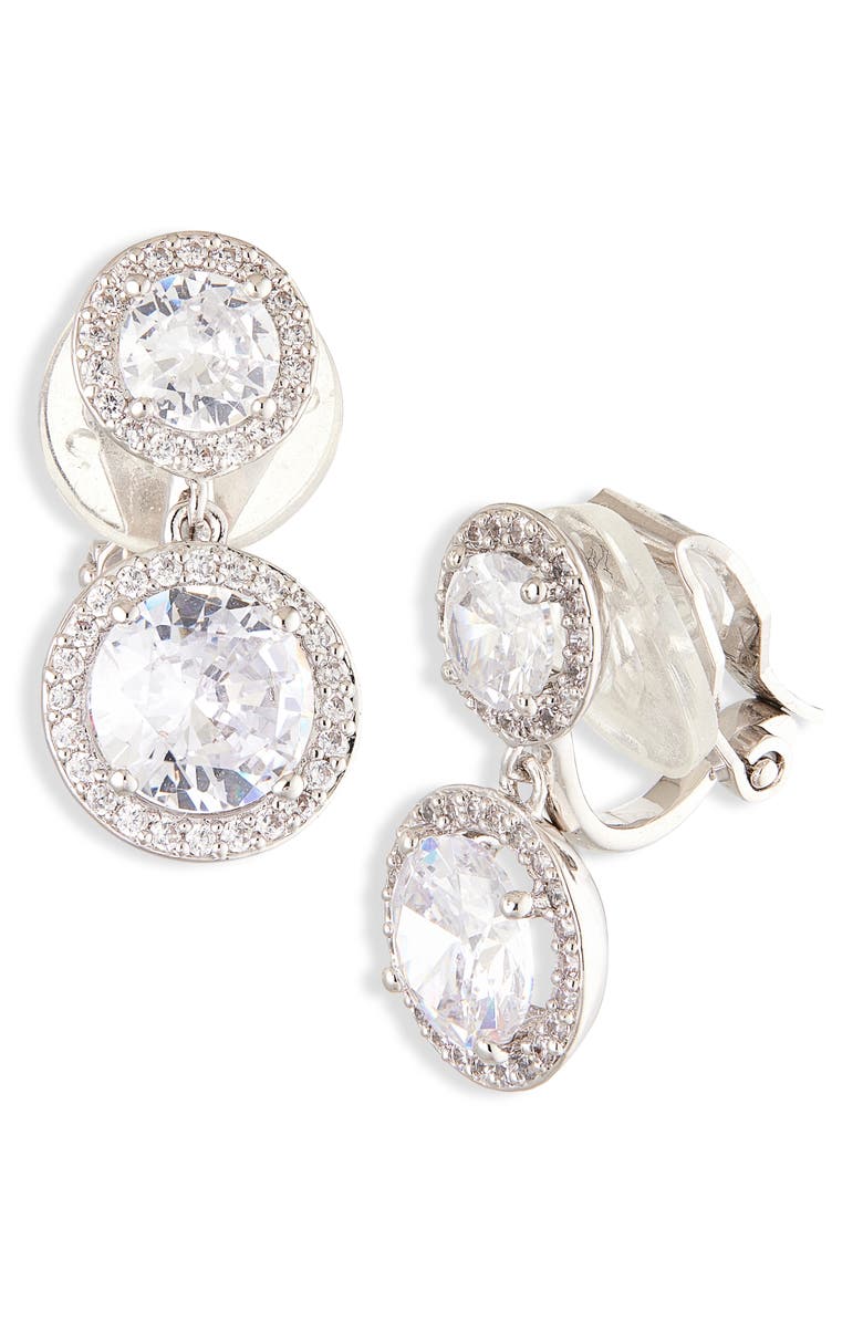 Nadri Modern Love Pavé Halo Drop Clip-On Earrings, Main, color, Rhodium