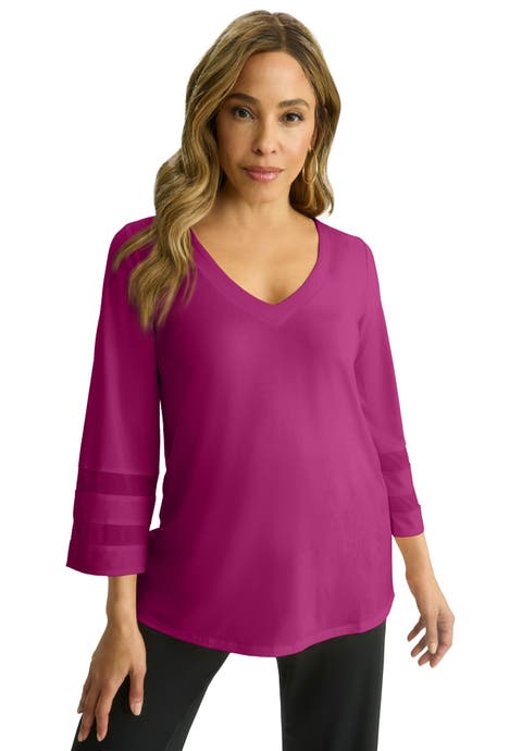 Stretch Knit Mesh Inset Sleeve Tunic (Plus)