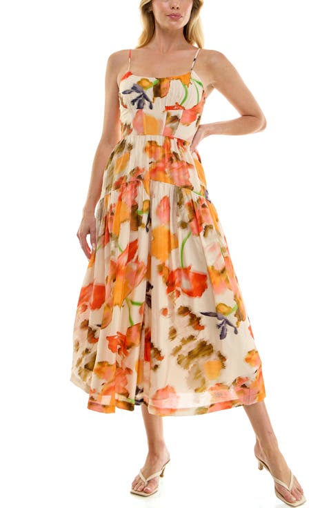 Floral Ruched Bodice Midi Dress