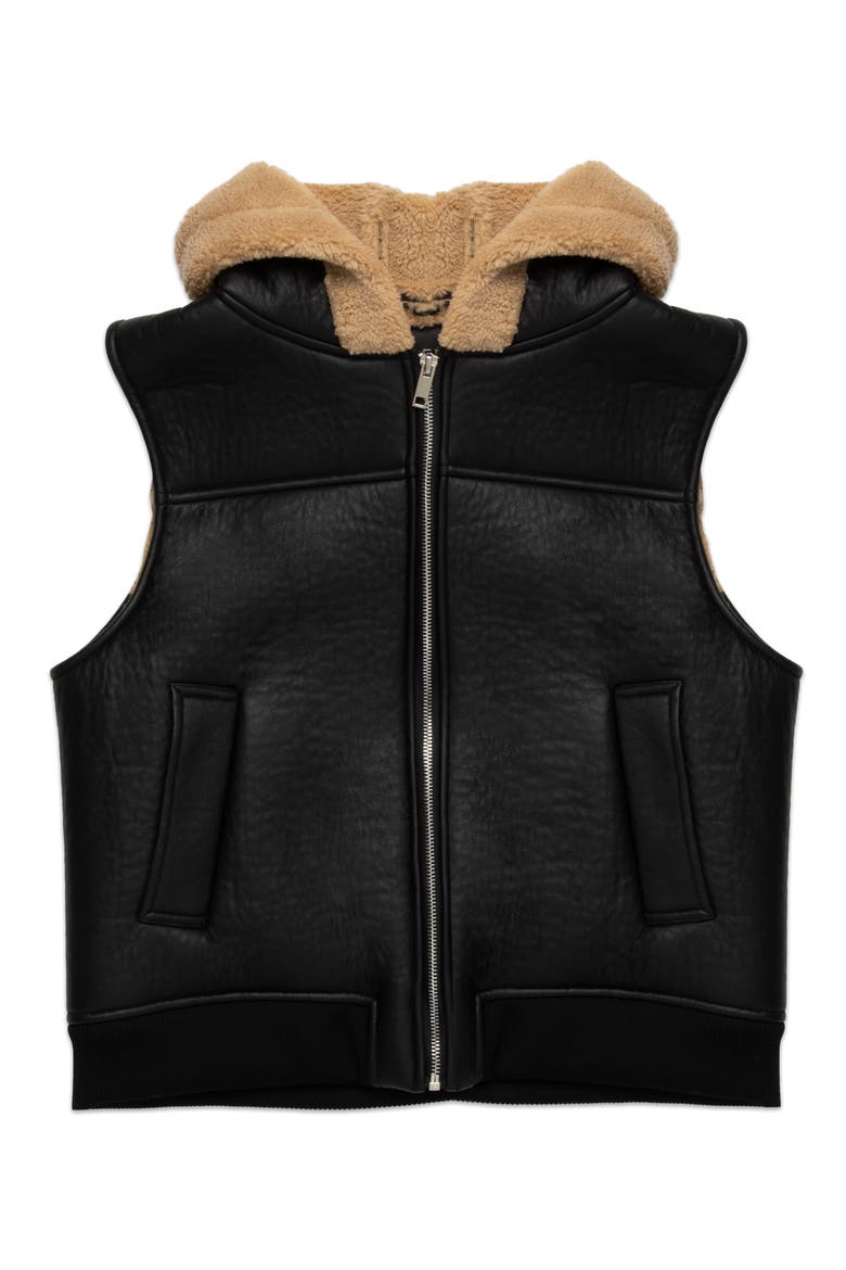 Brad Hooded Faux Shearling Vest, Alternate, color, BLACK