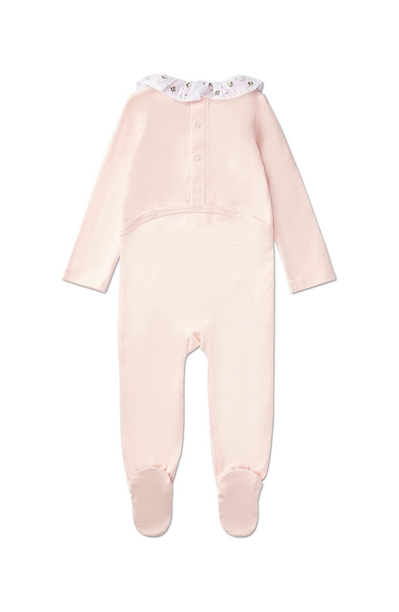 MiniMoi Embroidered Flower Ruffle-Collar Cotton Rich Footie, Alternate, color, Soft Pink