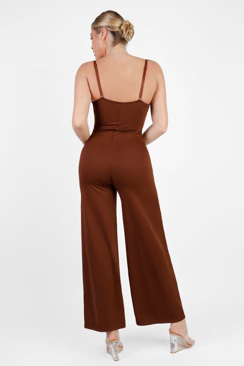 Popilush Shapewear Lace Deep V-neck Sculpting Wide Leg Jumpsuit In Russett