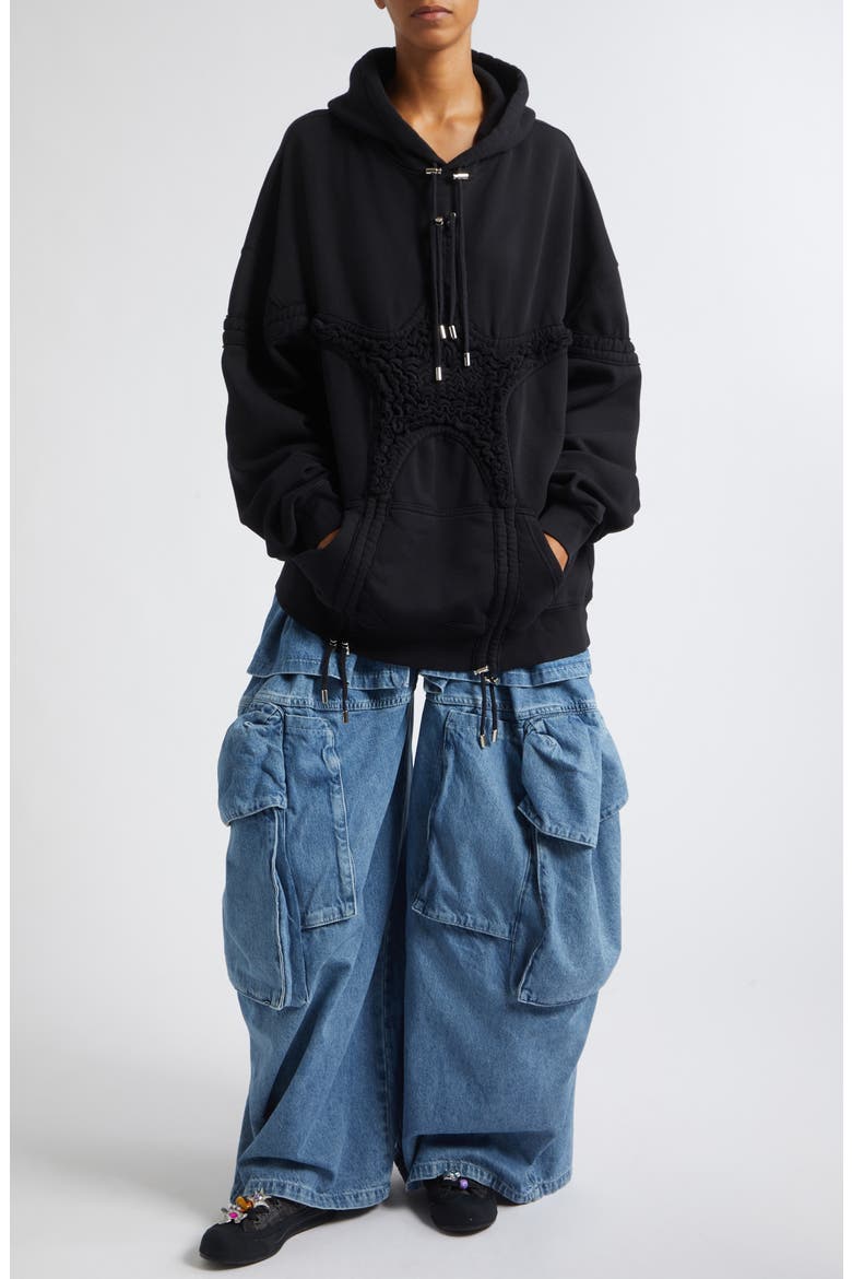 Soft Star Drawstring Ruched Cotton Hoodie, Alternate, color, BLACK
