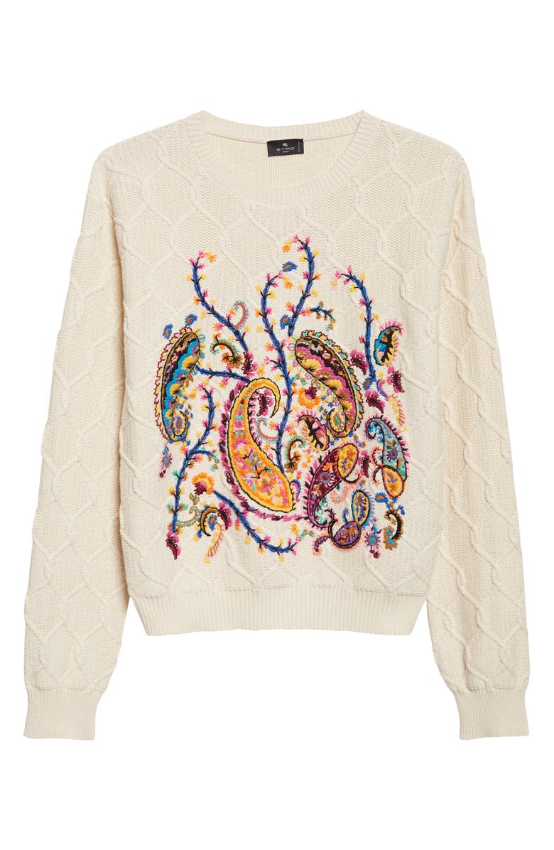 Etro Embroidered Crop Cotton Blend Sweater, Main, color, Ivory
