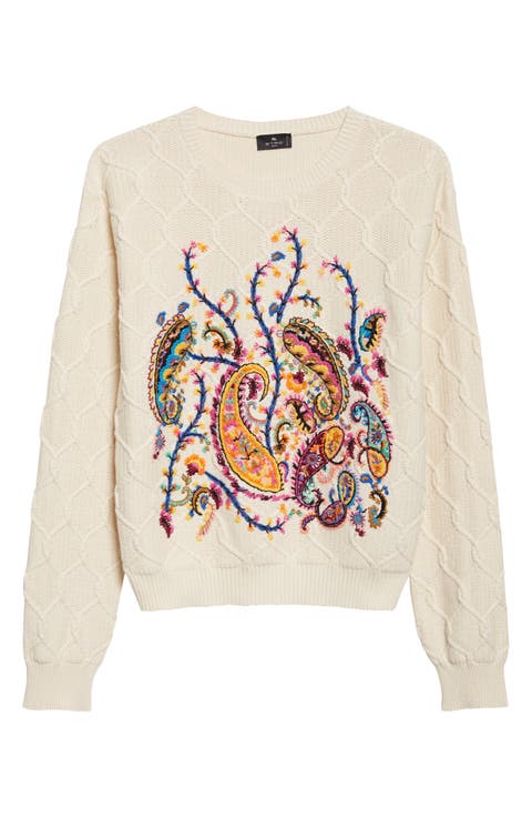 Embroidered Crop Cotton Blend Sweater