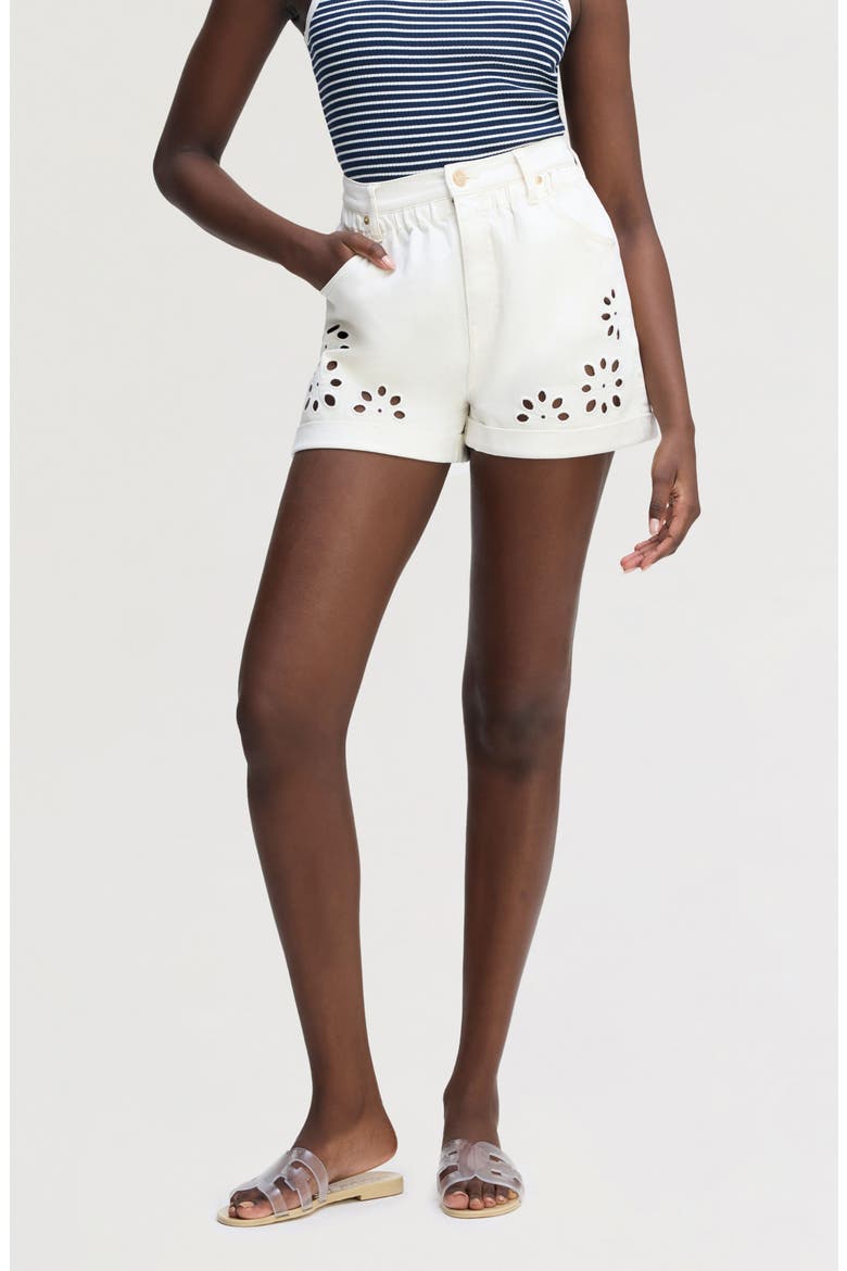 Embroidered Eyelet Paperbag Waist Denim Shorts, Main, color, ECRU