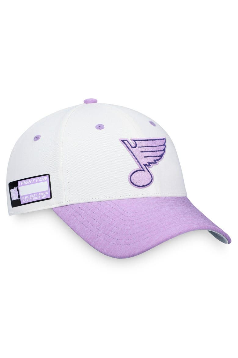 Men's Fanatics Branded White/Purple St. Louis Blues 2022 Hockey Fights Cancer Authentic Pro Snapback Hat, Main, color, White