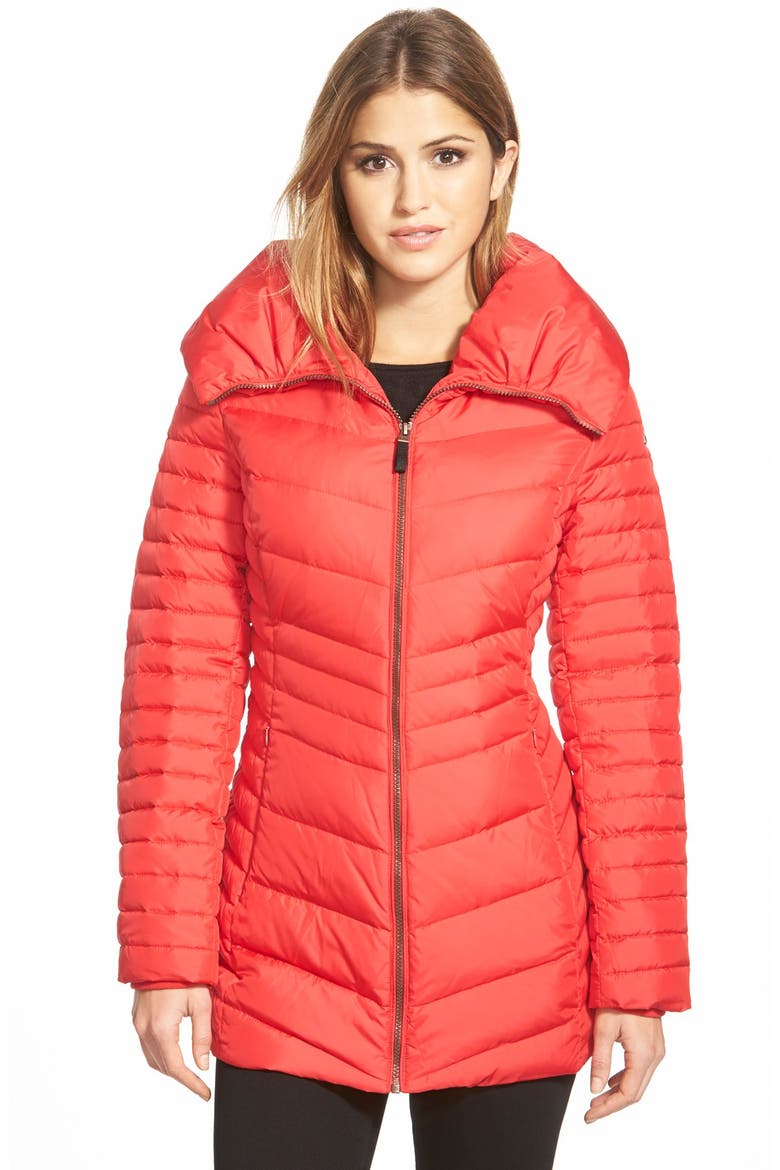 'Kirby' Chevron Quilted Pillow Collar Down & Feather Fill Coat, Main, color, RED