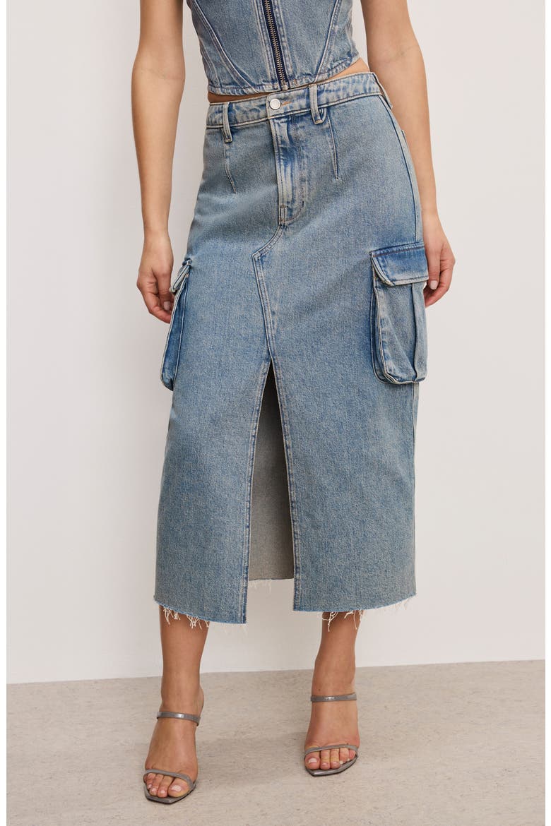 Frayed Hem Denim Cargo Skirt, Alternate, color, INDIGO762