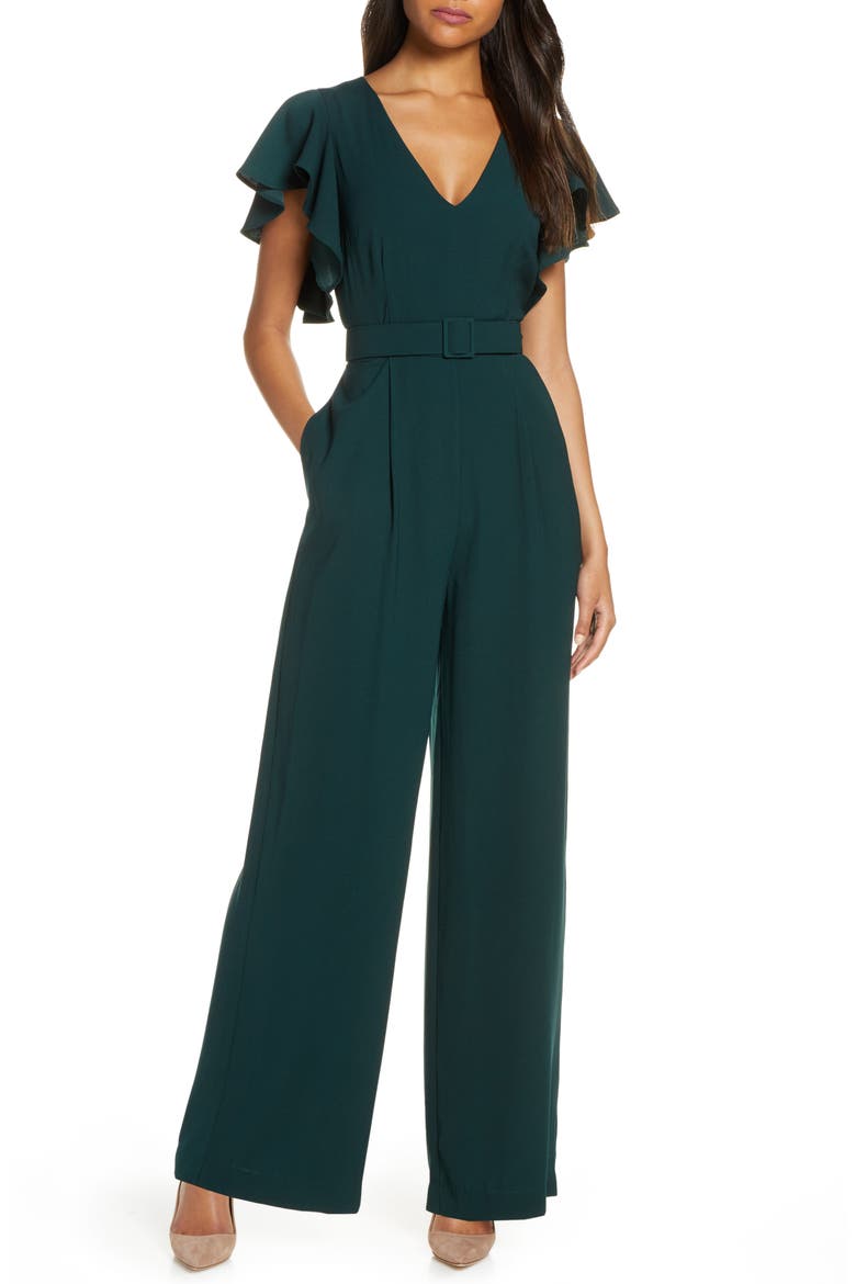 Flutter Sleeve Belted Satin Jumpsuit, Main, color, HUNTER
