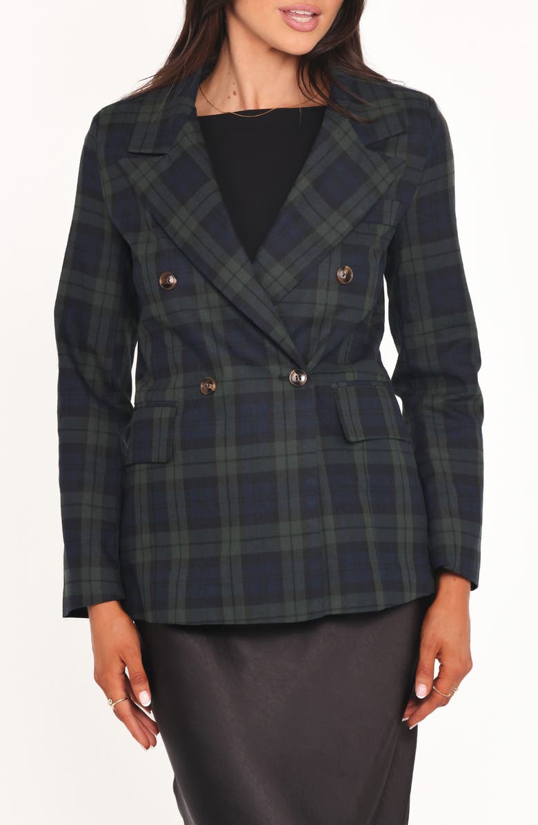 Petal & Pup Juliette Plaid Double Breasted Blazer, Main, color, Green Plaid