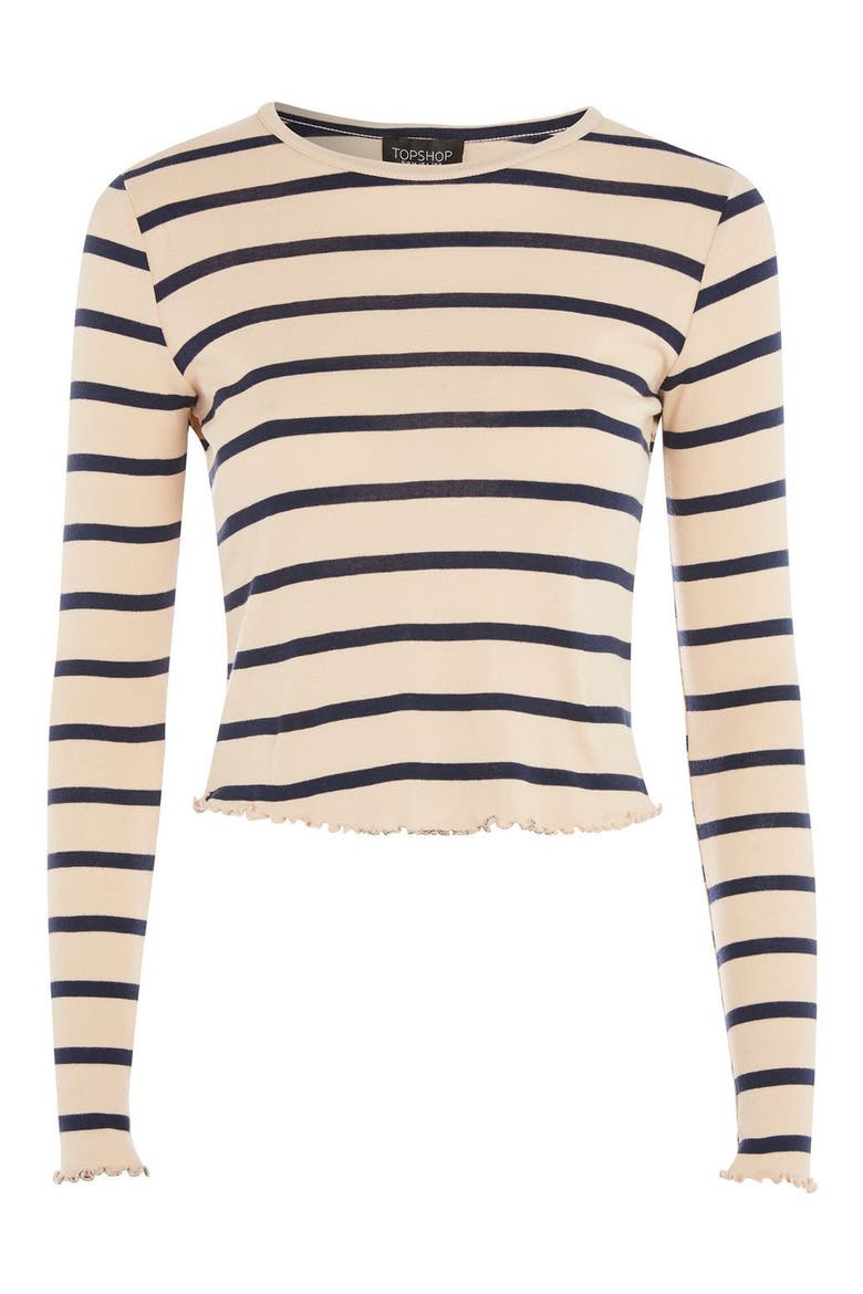 Petite Stripe Lettuce Trim T-Shirt, Alternate, color, NUDE MULTI