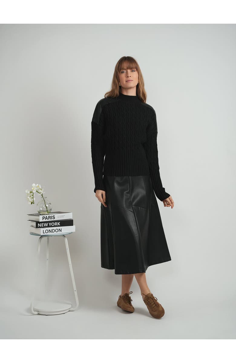Versatile Dolman Cable Knit Leather Shoulder Sweater, Alternate, color, Charcoal