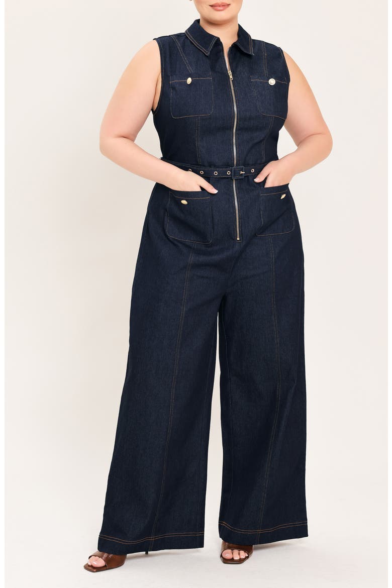 Zip Front Wide Leg Denim Jumpsuit, Alternate, color, DARK DENIM