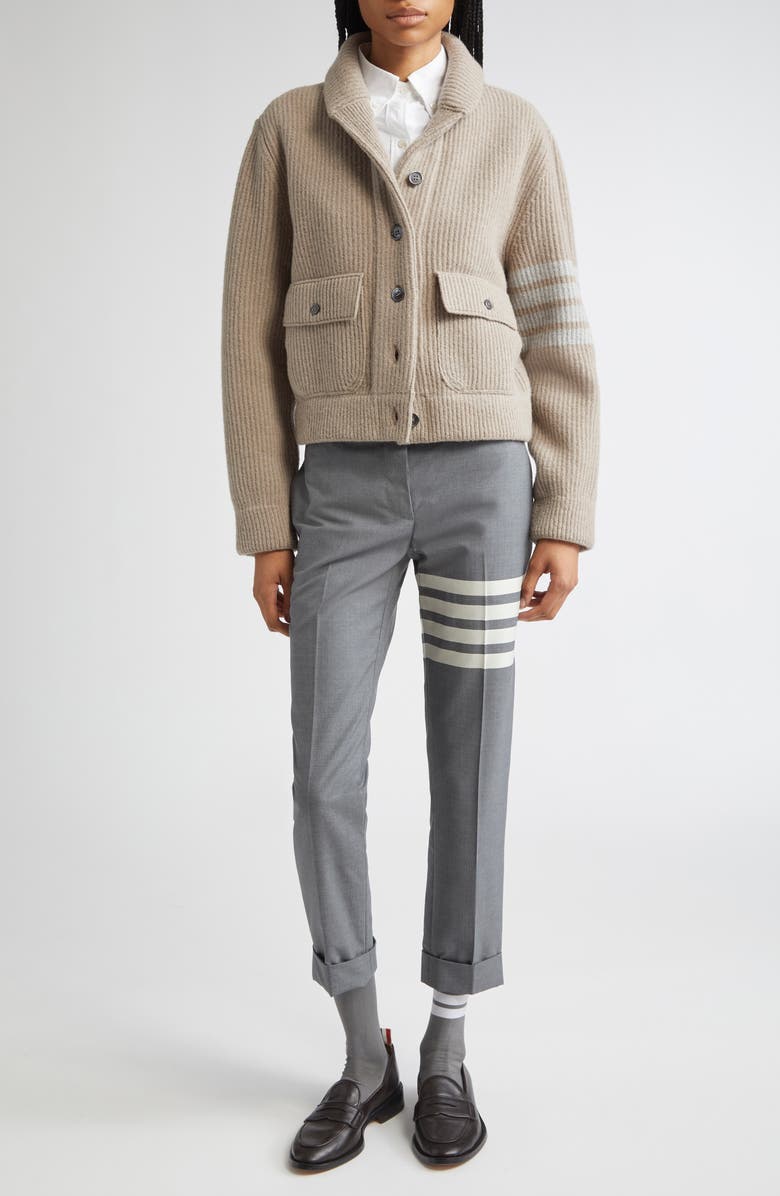 Thom Browne 4-Bar Rib Stitch Wool Blend Bomber Jacket, Alternate, color, Medium Brown