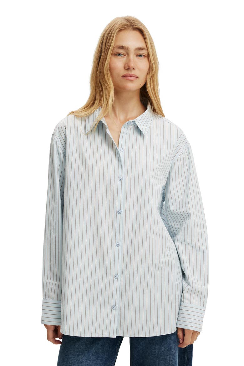 Women's Ella Wrap Long Sleeve Shirt, Main, color, Skyway Blue Pinstripe