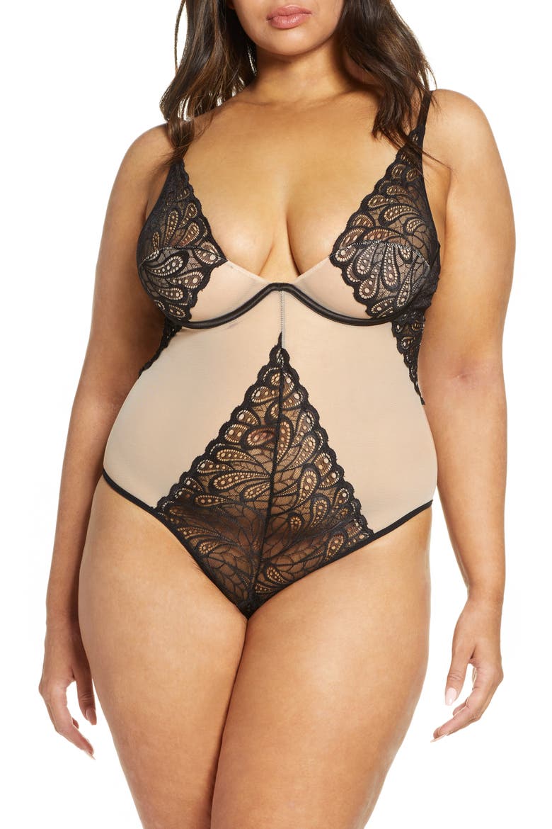 Lace Panel Undewire Teddy, Main, color, BLACK/ SAND
