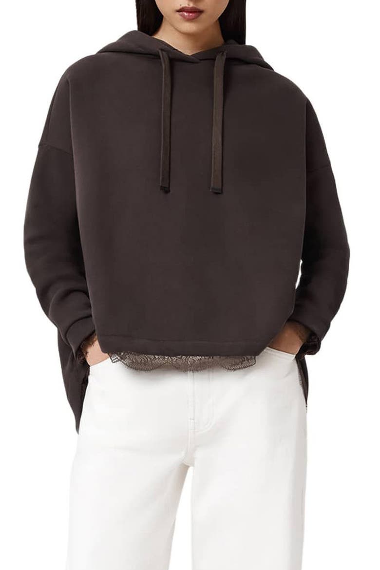 Nia Lace High-Low Hoodie, Main, color, BOTTLE BROWN