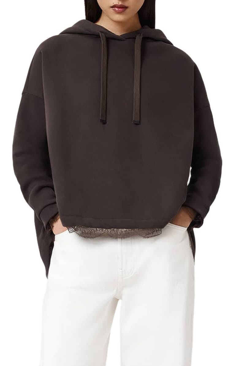 AllSaints Nia Lace High-Low Hoodie, Main, color, Bottle Brown