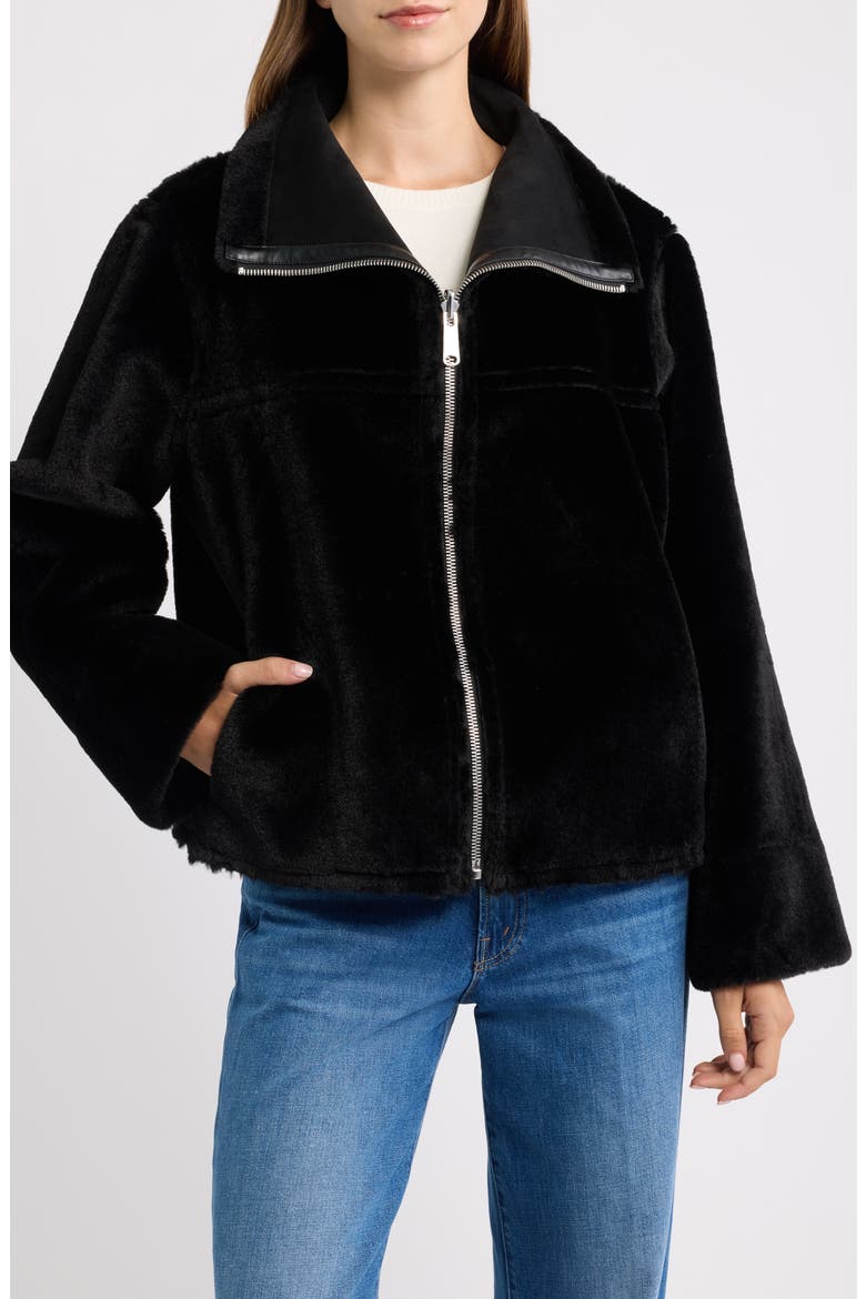 Faux Fur Trim Oversized Faux Suede Jacket, Alternate, color, BLACK