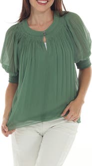 RAIN AND ROSE Pleated Puff Sleeve Top