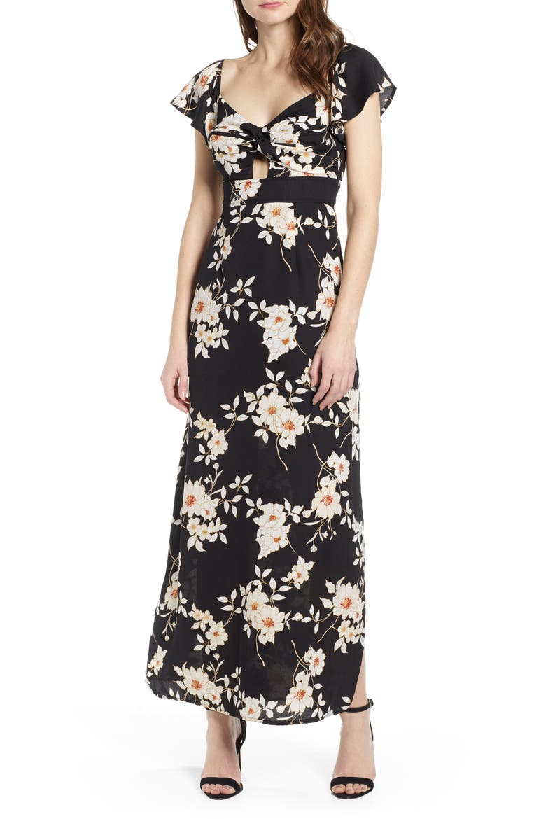 Twist Front Maxi Dress, Main, color, BLACK IVORY FLORAL
