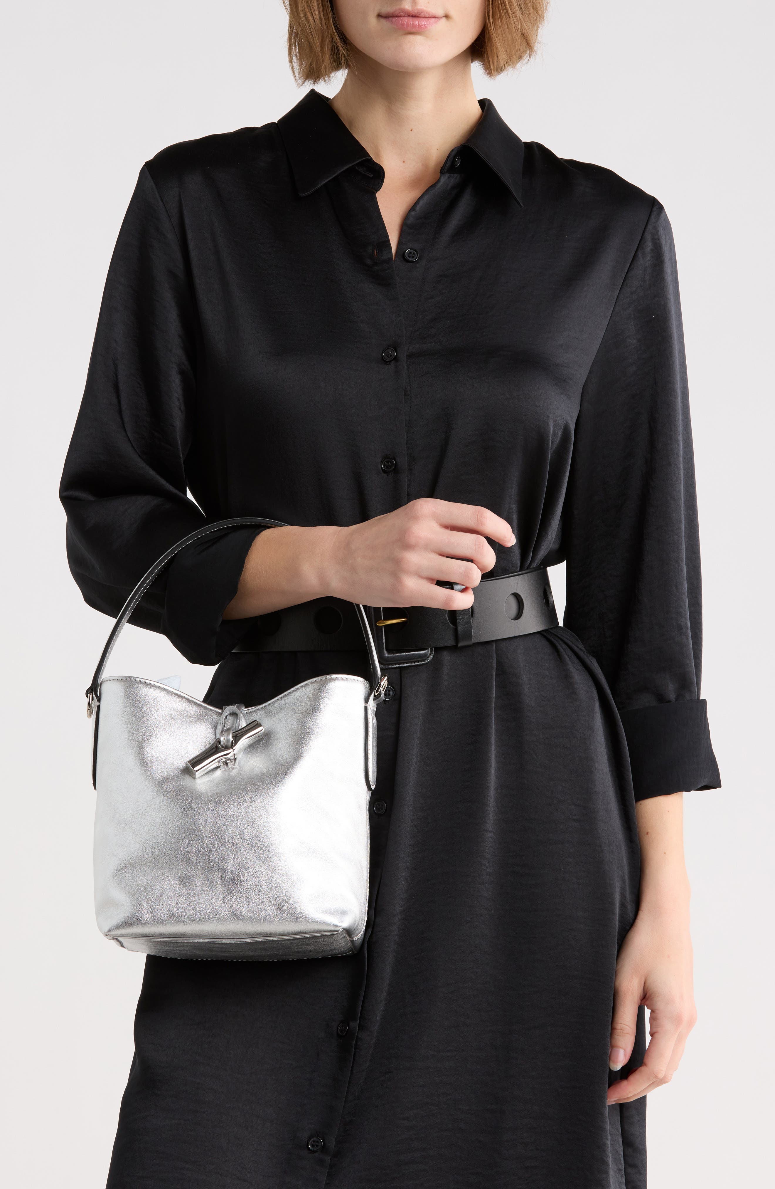 Longchamp Le Roseau Metallic Leather Bucket Bag, Alternate, color, 