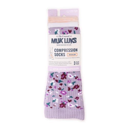 Muk Luks Cotton Rib Compression Crew Sock 3 Pair Pack In Purple