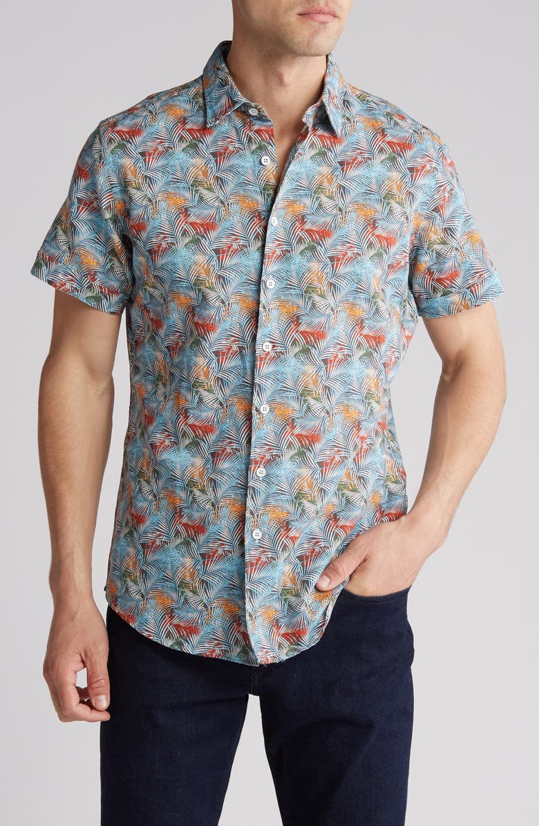 Rodd & Gunn Front Print Short Sleeve Linen & Cotton Button-Up Shirt, Main, color, Turquoise