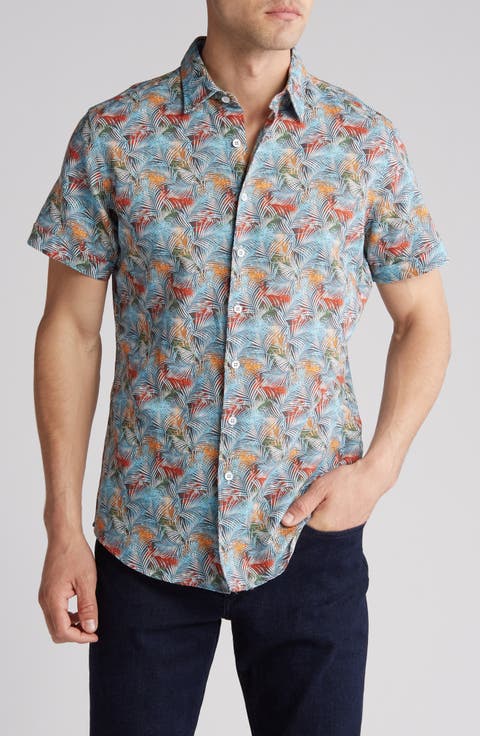 Front Print Short Sleeve Linen & Cotton Button-Up Shirt