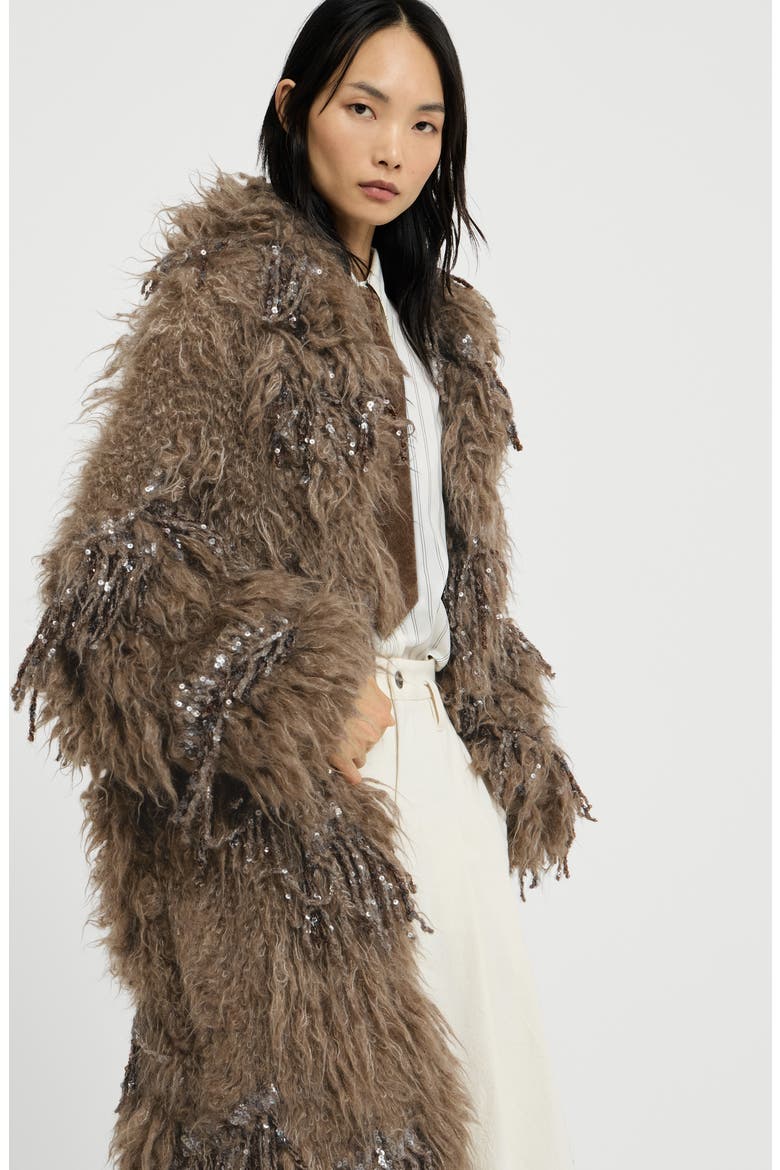 Dazzling moss embroidery long cardigan in mohair and wool, Alternate, color, Light Brown