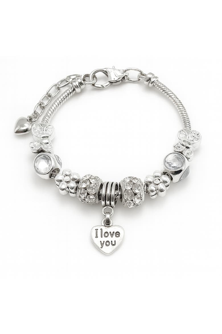 I Love You Crystal Heart Charm Bracelet, Main, color, Silver
