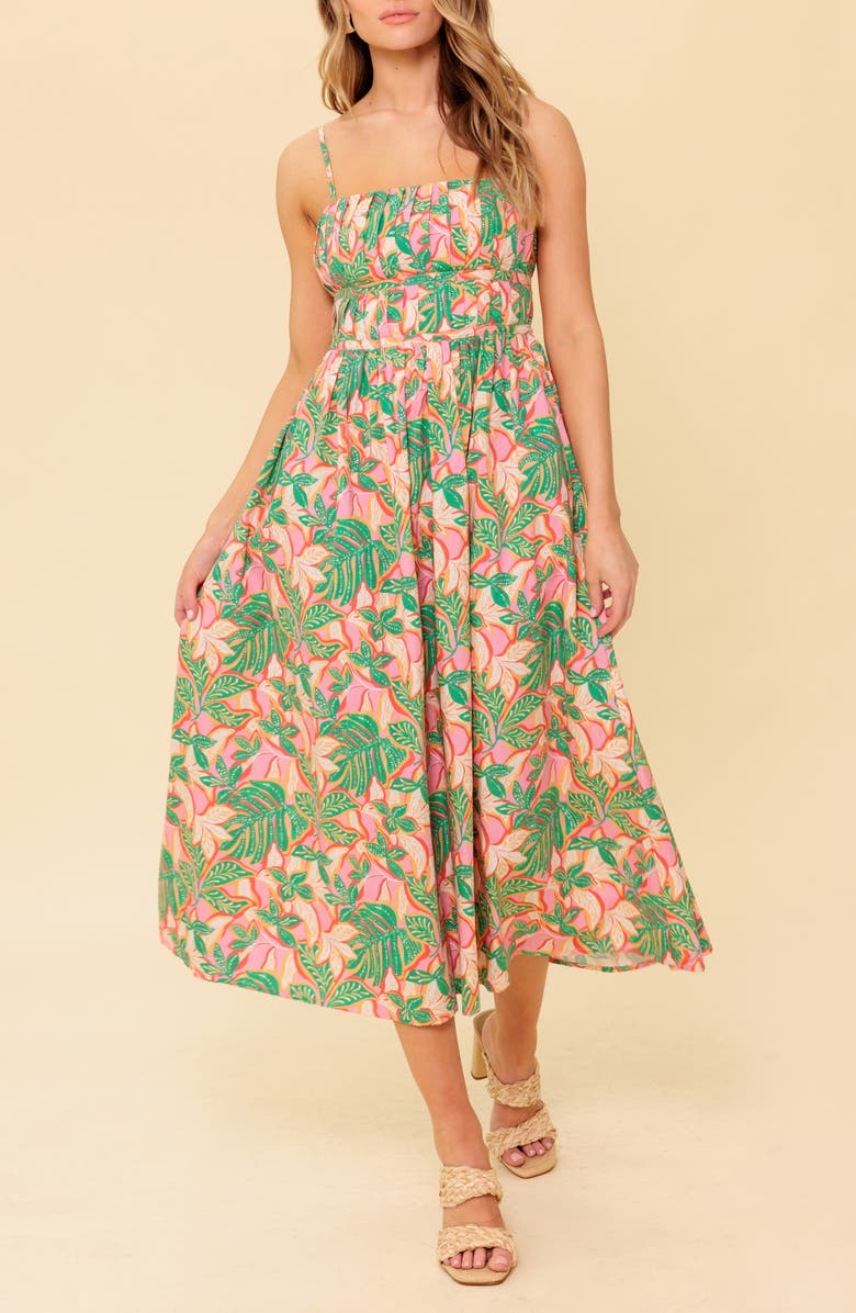 FLYING TOMATO Pleated Fit & Flare Midi Dress, Alternate, color, Pink Green