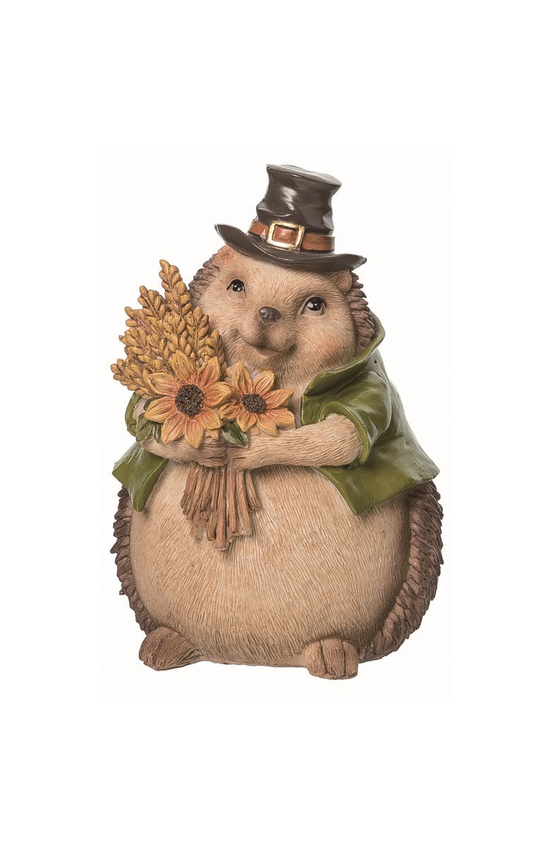 Transpac Brown Autumn Woodland Animal with Bouquet Resin Decoration, Main, color, Brown