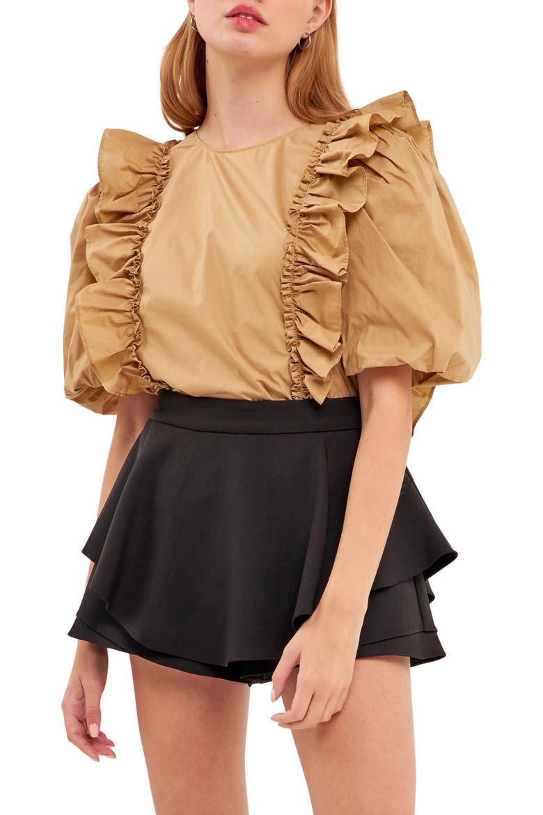 Double Ruffle Puff Sleeve Cotton Blouse, Main, color, TAWNY