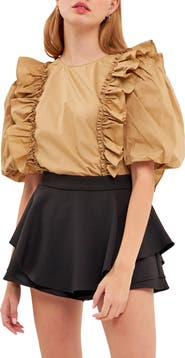 English Factory Double Ruffle Puff Sleeve Cotton Blouse