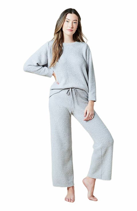 Solid Marshmallow Reverse Seam Crew Neck Lounge Set with Bracelet Sleeve