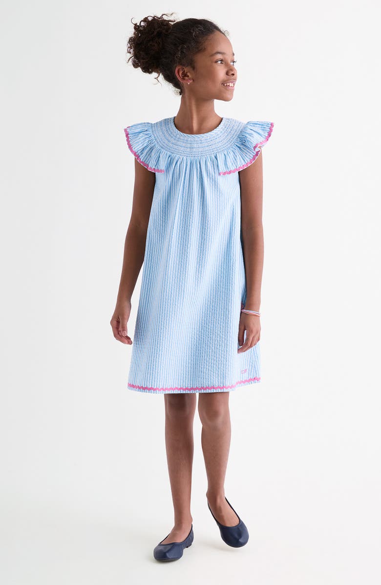 vineyard vines Kids' Rickrack Flutter Sleeve Cotton Seersucker Sundress, Alternate, color, 